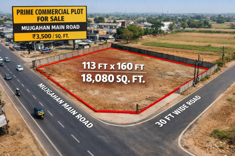 Mujgahan Main Road Raipur– 18,080 Sq.Ft. Area Price: ₹3,500/ sq. ft. Corner Plot 30-feet side road