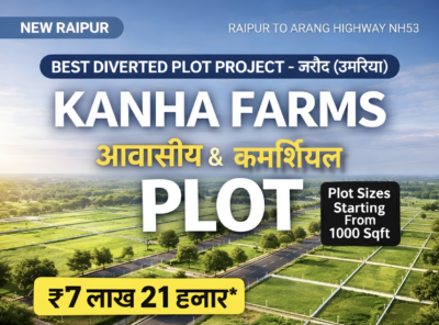 Kanha Farms New Raipur Residential & Commercial Plots from ₹721/sqft | RK Buildcon near Maira Resort New Raipur plot starting at - 7,21,000